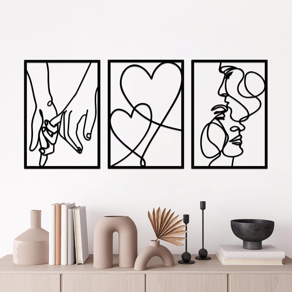 8721 3 Pieces Metal Minimalist Line Wall Art, Valentine's Day Lover Kiss
